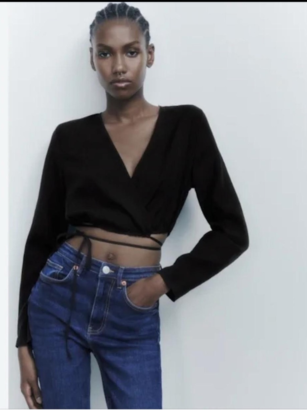 Zara Crop Long Sleeve Plunge V-Neck Cinch Tie Blouse In Black Size L NWT